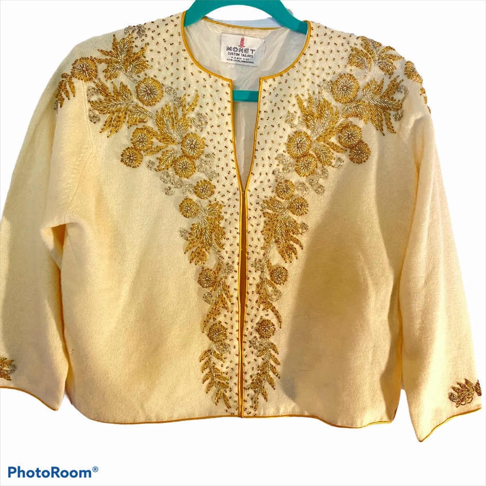 Vintage Beaded White Sweater, Custom Large